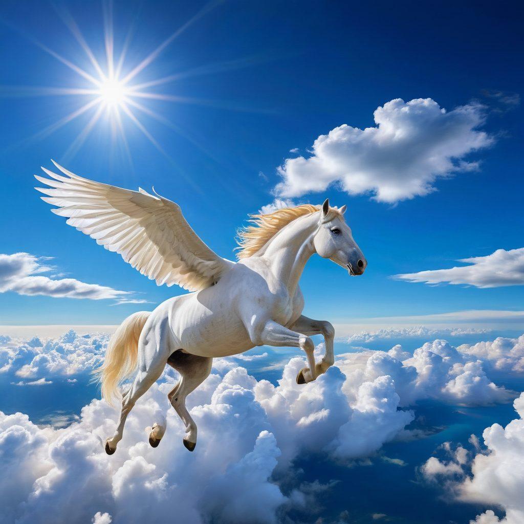 A majestic Pegasus soaring through a bright blue sky filled with fluffy white clouds, embodying freedom and adventure. Below, a modern airplane in mid-flight, seamlessly blending with the clouds and a dazzling sun illuminating the scene, symbolizing high satisfaction in travel. Incorporate elements of vibrant landscapes below, showcasing lush greenery and winding rivers, emphasizing elevation and exploration. super-realistic. vibrant colors.