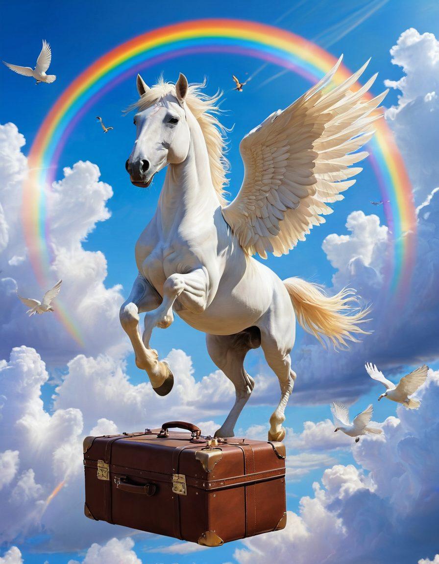 A whimsical scene featuring a majestic pegasus soaring through a bright, clear sky, surrounded by fluffy clouds and rainbow trails. Below, a joyful family is seen preparing for an adventure, with luggage and excited expressions. Elements like a sparkling sun and playful birds add vibrancy to the atmosphere, illustrating the joy of travel. The colors are bright and uplifting, evoking a sense of wonder and excitement. super-realistic. vibrant colors. white background.