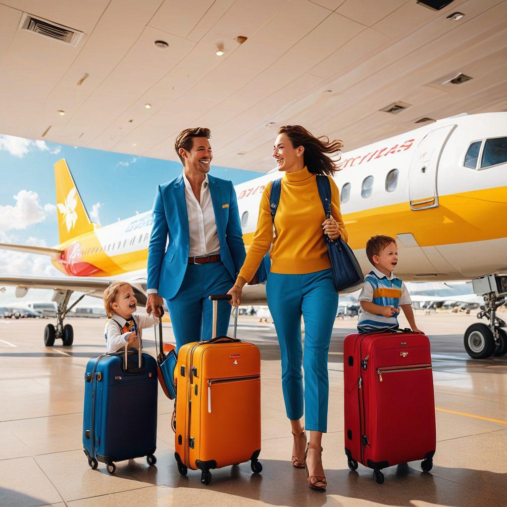 A cheerful family boarding a Pegasus Airline aircraft, surrounded by vibrant and inviting airport scenes. Show joyful travelers with luggage, a bright sunny sky, and a welcoming flight crew waving. Incorporate elements of adventure and exploration, like travel maps and destination icons in the background. Include rich colors and a sense of motion to evoke excitement. super-realistic. vibrant colors. 3D.